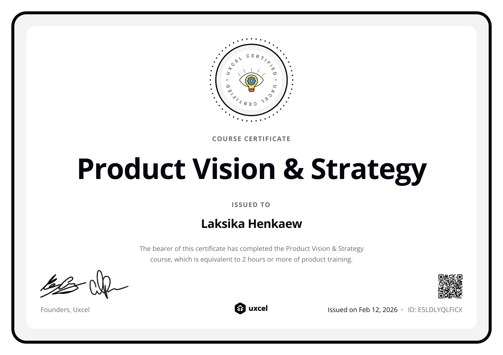 Laksika Henkaew's certificate